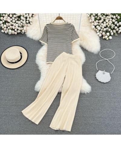 Women Tracksuit Summer Striped Knit Ppullover And Long Pants 2 Piece Sets Korean Casual Loose Outfits Knitted 2023 New Suits ...