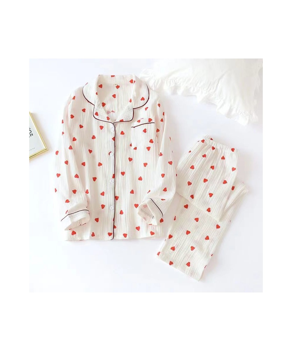 100% Cotton Fashion 2PCS Heart Print Pajamas Suit Womens Spring Autumn Nightwear Turn Down Collar Shirt Pant Sleepwear Loose ...