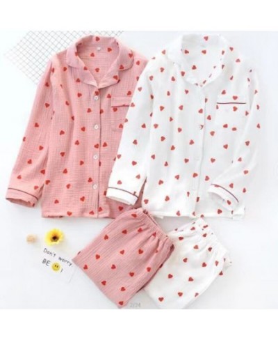 100% Cotton Fashion 2PCS Heart Print Pajamas Suit Womens Spring Autumn Nightwear Turn Down Collar Shirt Pant Sleepwear Loose ...