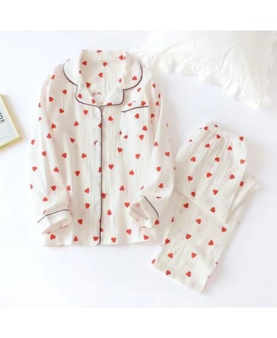 100% Cotton Fashion 2PCS Heart Print Pajamas Suit Womens Spring Autumn Nightwear Turn Down Collar Shirt Pant Sleepwear Loose ...