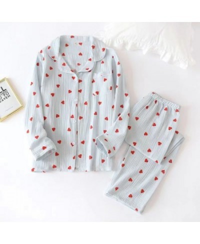 100% Cotton Fashion 2PCS Heart Print Pajamas Suit Womens Spring Autumn Nightwear Turn Down Collar Shirt Pant Sleepwear Loose ...