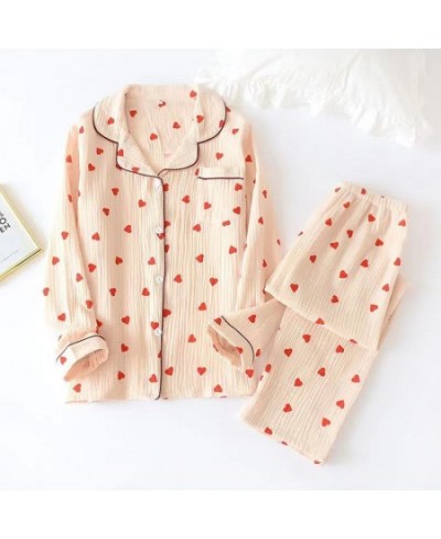 100% Cotton Fashion 2PCS Heart Print Pajamas Suit Womens Spring Autumn Nightwear Turn Down Collar Shirt Pant Sleepwear Loose ...