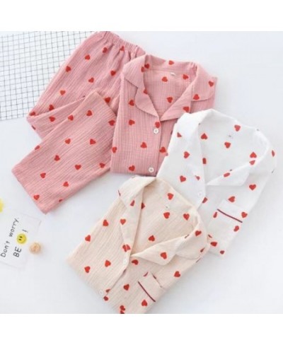 100% Cotton Fashion 2PCS Heart Print Pajamas Suit Womens Spring Autumn Nightwear Turn Down Collar Shirt Pant Sleepwear Loose ...