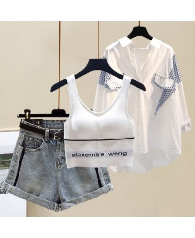 Stripe Patchwork Chiffon Shirt Letter-printed Vest Denim Shorts Three-piece Elegant Women's Pants Set Summer Tracksuit Outfit...