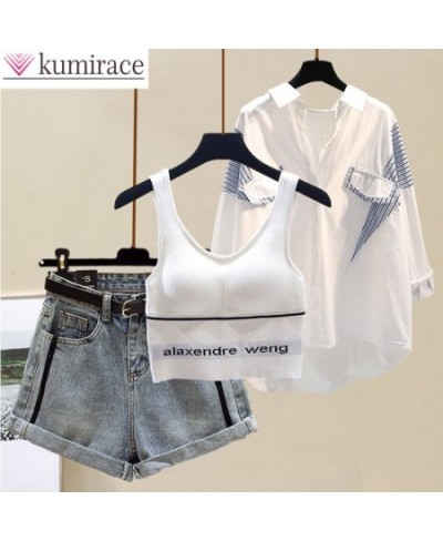 Stripe Patchwork Chiffon Shirt Letter-printed Vest Denim Shorts Three-piece Elegant Women's Pants Set Summer Tracksuit Outfit...