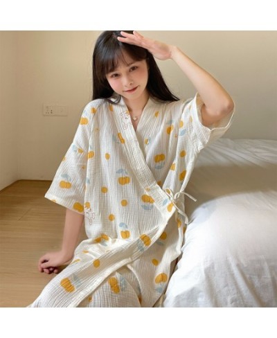 Summer Pure Cotton Gauze Nightdress Women Lace Floral Printed Nightgown Japanese Cotton Kimono Thin Bathrobe Pajamas Nightwea...