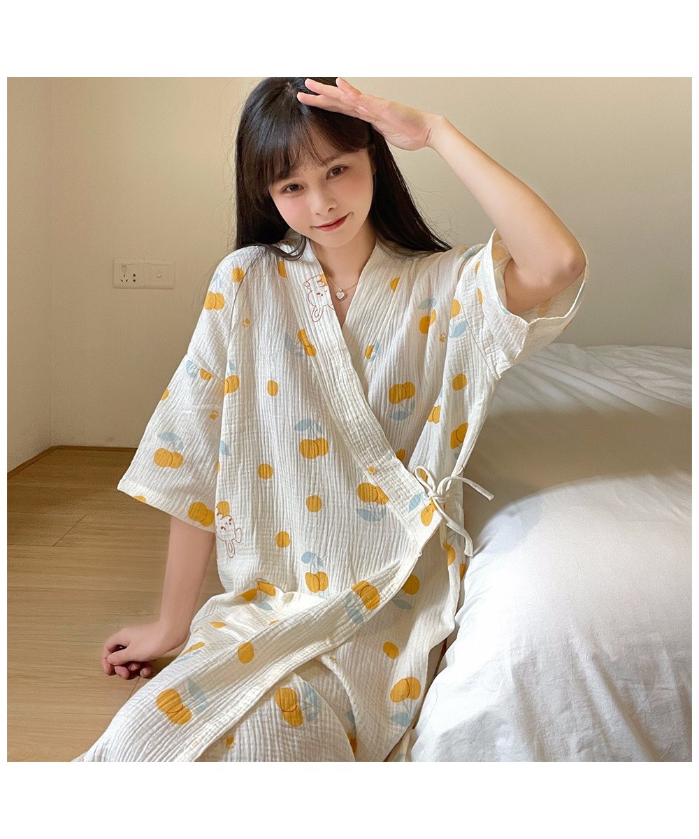 Summer Pure Cotton Gauze Nightdress Women Lace Floral Printed Nightgown Japanese Cotton Kimono Thin Bathrobe Pajamas Nightwea...