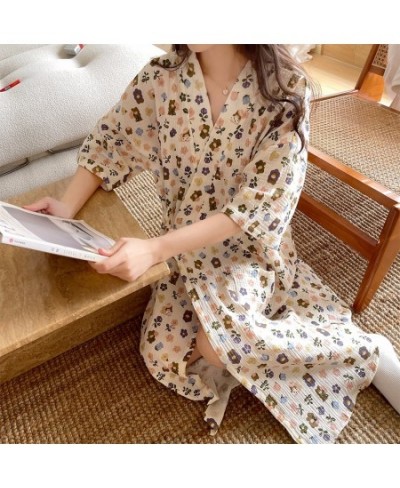 Summer Pure Cotton Gauze Nightdress Women Lace Floral Printed Nightgown Japanese Cotton Kimono Thin Bathrobe Pajamas Nightwea...