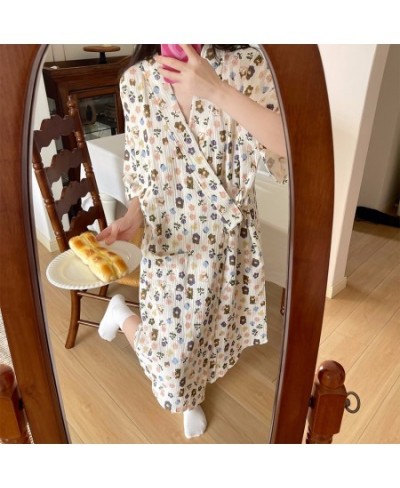 Summer Pure Cotton Gauze Nightdress Women Lace Floral Printed Nightgown Japanese Cotton Kimono Thin Bathrobe Pajamas Nightwea...