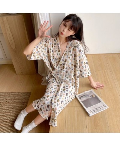 Summer Pure Cotton Gauze Nightdress Women Lace Floral Printed Nightgown Japanese Cotton Kimono Thin Bathrobe Pajamas Nightwea...