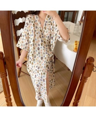 Summer Pure Cotton Gauze Nightdress Women Lace Floral Printed Nightgown Japanese Cotton Kimono Thin Bathrobe Pajamas Nightwea...