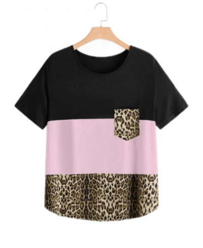 Plus Size Elegant Summer Short Sleeve Loose Tops Women Color Blocked Pocket Front T-shirt Ladies Leopard Tee Large Size 7XL $...