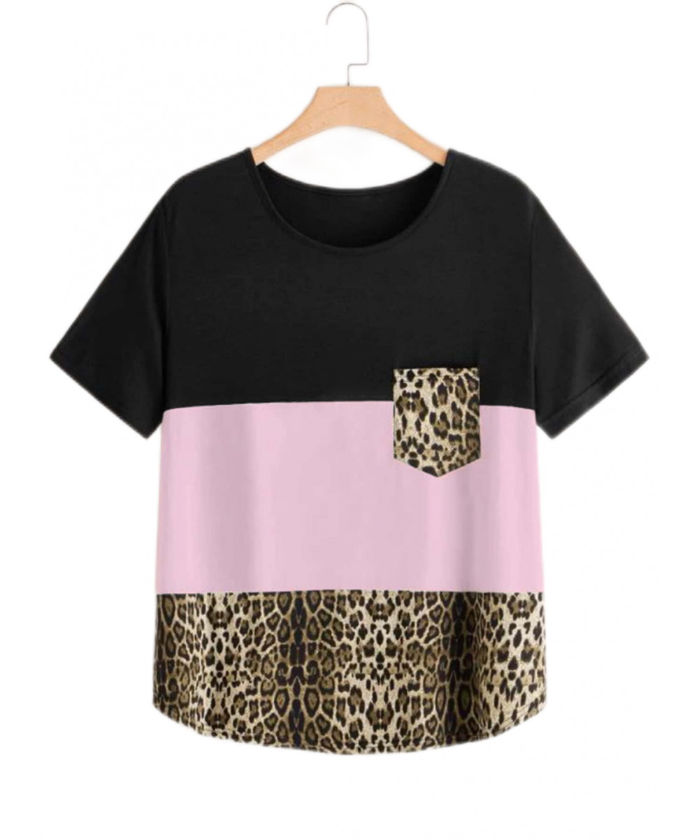 Plus Size Elegant Summer Short Sleeve Loose Tops Women Color Blocked Pocket Front T-shirt Ladies Leopard Tee Large Size 7XL $...