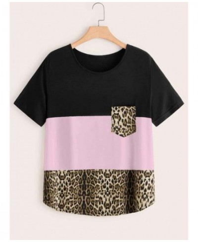 Plus Size Elegant Summer Short Sleeve Loose Tops Women Color Blocked Pocket Front T-shirt Ladies Leopard Tee Large Size 7XL $...