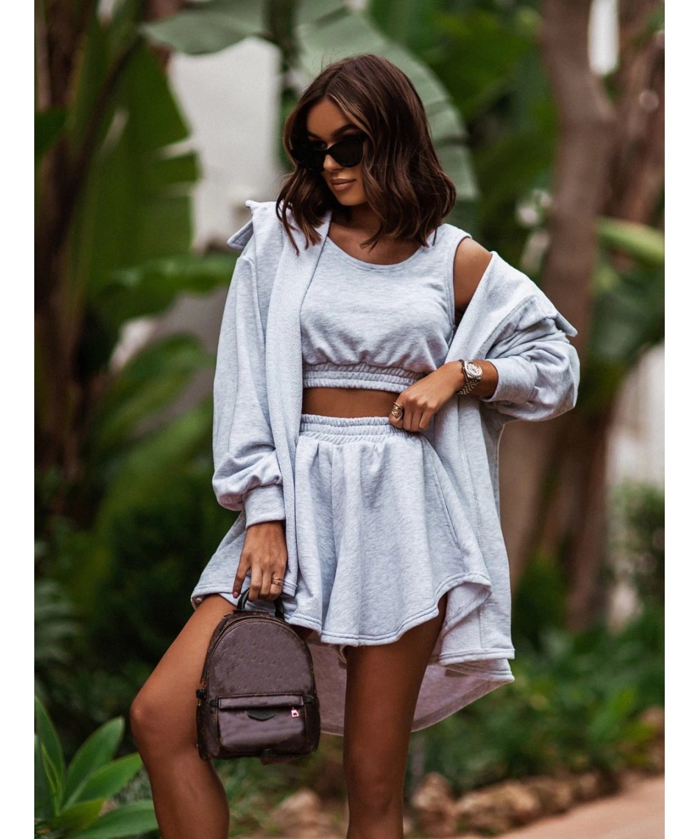 Fashion Three Pieces Set Women Casual Outfit Summer Solid Suit Sexy Crew Neck Vest Shorts Cardigan Coat 3 Piece Sets Roupas $...