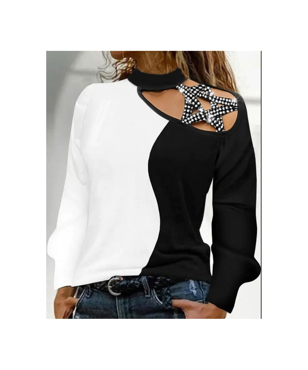 Tops Women 2022 Trendy Fashion Colorblock Rhinestone Decor Cold Shoulder Top Casual Long Sleeve Tee All-Match Pullover Autumn...