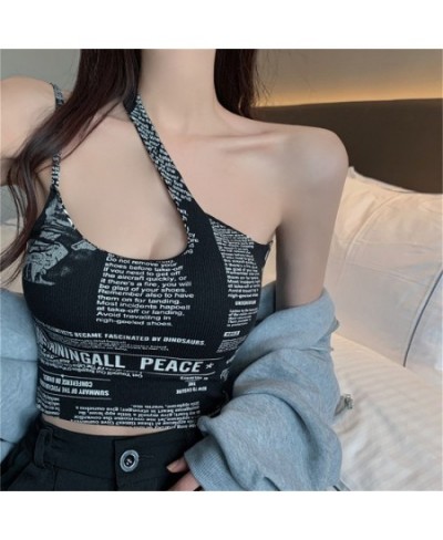 Women Camisole Bra With Chest Pad Sexy Beauty Back Oblique Shoulder Printed Newspaper Sleeveless Crop Top Undershirt $20.45 -...