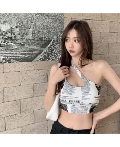 Women Camisole Bra With Chest Pad Sexy Beauty Back Oblique Shoulder Printed Newspaper Sleeveless Crop Top Undershirt $20.45 -...