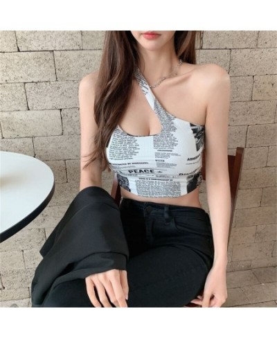 Women Camisole Bra With Chest Pad Sexy Beauty Back Oblique Shoulder Printed Newspaper Sleeveless Crop Top Undershirt $20.45 -...