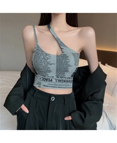 Women Camisole Bra With Chest Pad Sexy Beauty Back Oblique Shoulder Printed Newspaper Sleeveless Crop Top Undershirt $20.45 -...