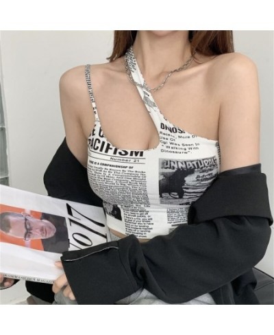 Women Camisole Bra With Chest Pad Sexy Beauty Back Oblique Shoulder Printed Newspaper Sleeveless Crop Top Undershirt $20.45 -...