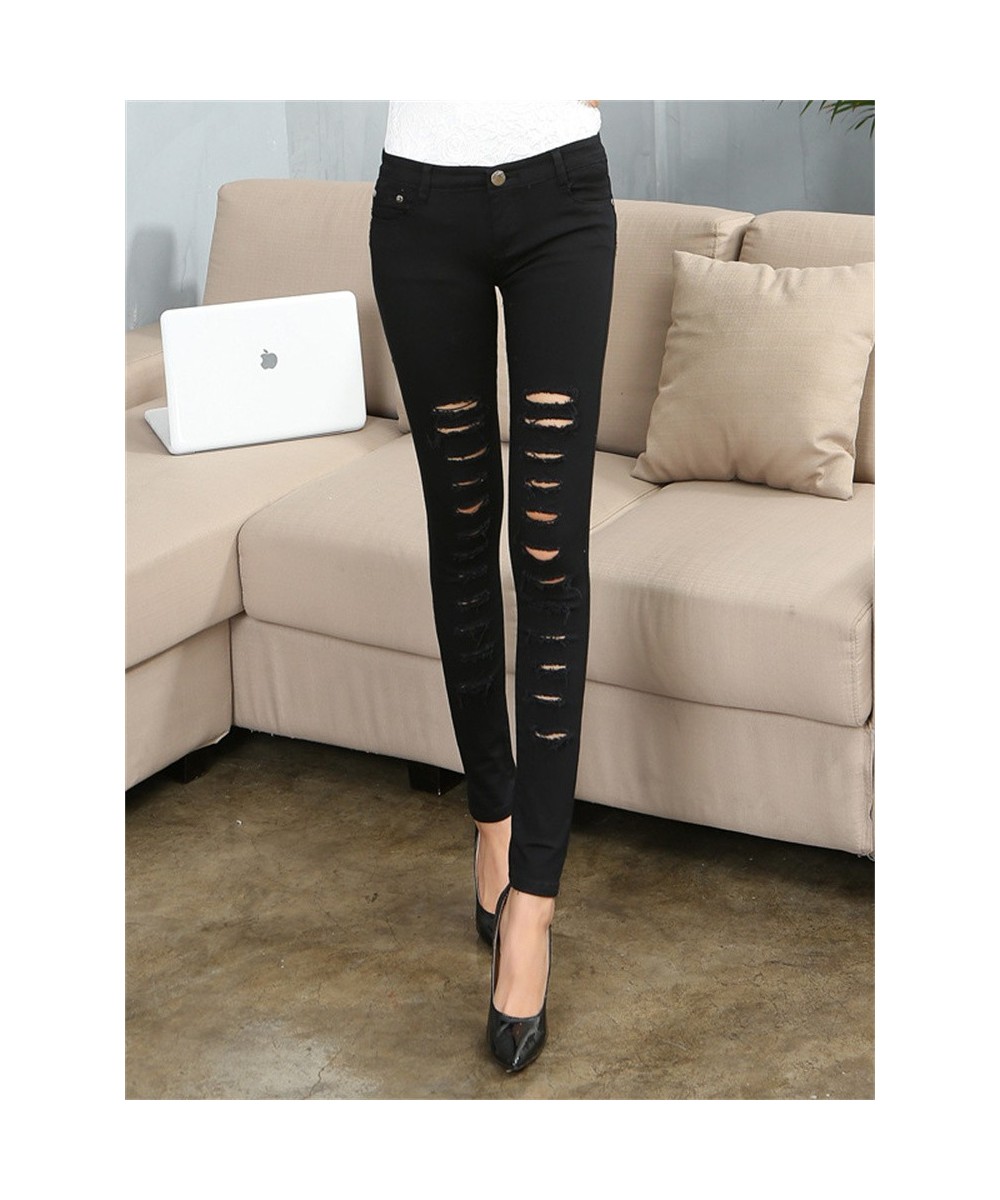 Autumn Summer Hole Ripped Jeans Women Sexy Denim High Waist Elastic Pencil Pants Capris Skinny Slim Black White Jeans Female ...