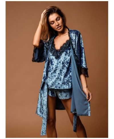 Velvet Nightgown Robe Pajama Set Woman 3 Pieces Women's Nightwear Sexy Lace Patchwork Suits With Shorts Knitting Sleepwear $5...