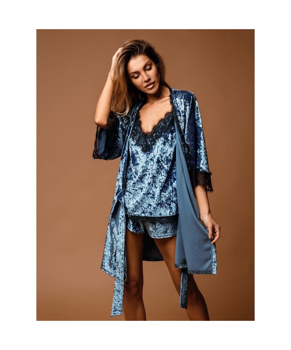 Velvet Nightgown Robe Pajama Set Woman 3 Pieces Women's Nightwear Sexy Lace Patchwork Suits With Shorts Knitting Sleepwear $5...