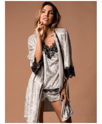 Velvet Nightgown Robe Pajama Set Woman 3 Pieces Women's Nightwear Sexy Lace Patchwork Suits With Shorts Knitting Sleepwear $5...