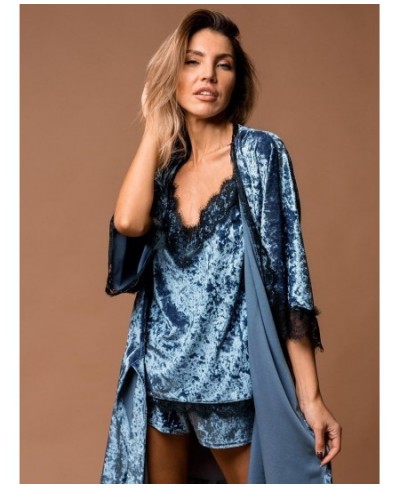 Velvet Nightgown Robe Pajama Set Woman 3 Pieces Women's Nightwear Sexy Lace Patchwork Suits With Shorts Knitting Sleepwear $5...