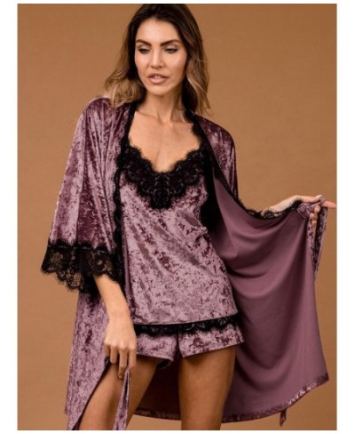 Velvet Nightgown Robe Pajama Set Woman 3 Pieces Women's Nightwear Sexy Lace Patchwork Suits With Shorts Knitting Sleepwear $5...