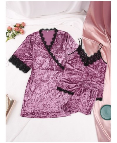 Velvet Nightgown Robe Pajama Set Woman 3 Pieces Women's Nightwear Sexy Lace Patchwork Suits With Shorts Knitting Sleepwear $5...