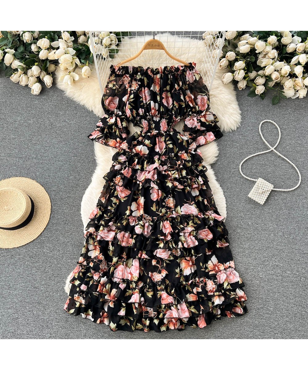 2023 New Spring Summer Women Sexy Slash Neck Hlaf Sleeve Slim Long Dress Sweet Tierred Ruffles Floral Cake Dress quinceanera ...