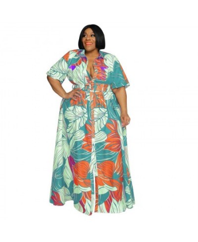 Summer Women Plus Size Clothing Short Sleeve Fashion Print Maxi Dresses Casual Lapel Button Long Dress Wholesale $49.88 - Plu...