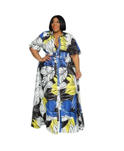 Summer Women Plus Size Clothing Short Sleeve Fashion Print Maxi Dresses Casual Lapel Button Long Dress Wholesale $49.88 - Plu...