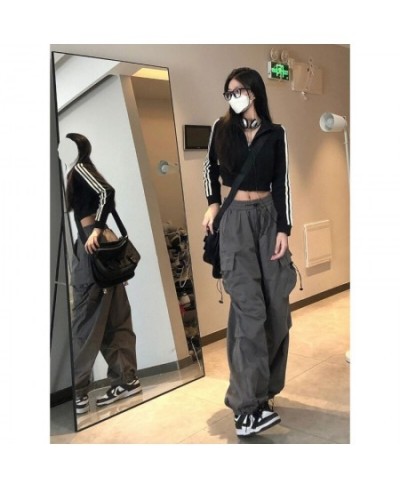 Y2K American Mew Trend Hiphop Straight Drawstring Overalls Female 2023 Retro Loose Casual Joker Multi-Pocket Leg Wide-Leg Pan...