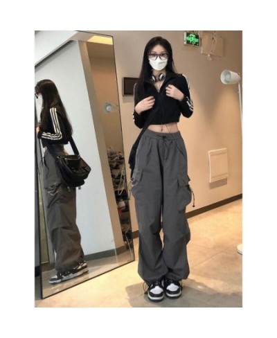 Y2K American Mew Trend Hiphop Straight Drawstring Overalls Female 2023 Retro Loose Casual Joker Multi-Pocket Leg Wide-Leg Pan...