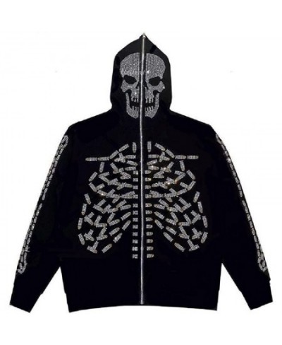 E-girl Dark Academia Grunge Zip Up Sweatshirt Punk Style Gothic Rhinestone Skull Spider Print Hooded Autumn Coat Top Y2K Emo ...