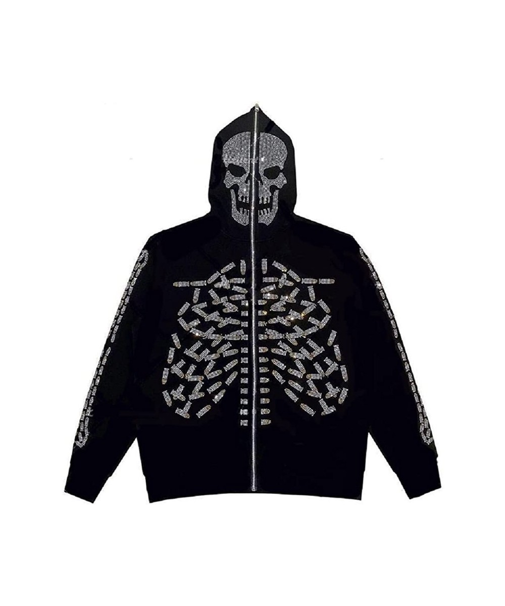 E-girl Dark Academia Grunge Zip Up Sweatshirt Punk Style Gothic Rhinestone Skull Spider Print Hooded Autumn Coat Top Y2K Emo ...