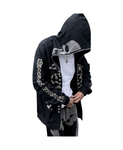 E-girl Dark Academia Grunge Zip Up Sweatshirt Punk Style Gothic Rhinestone Skull Spider Print Hooded Autumn Coat Top Y2K Emo ...