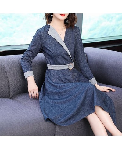 Spring Autmn Women Fashion Denim Dress Women Elegant Three Quarter Sleeve Midi Dresses OL Work Wear A-line Waist Dress $57.21...