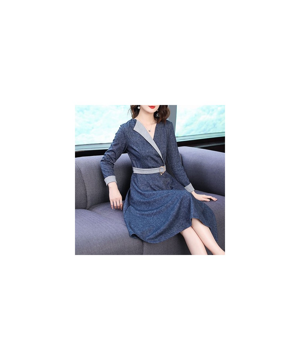 Spring Autmn Women Fashion Denim Dress Women Elegant Three Quarter Sleeve Midi Dresses OL Work Wear A-line Waist Dress $57.21...