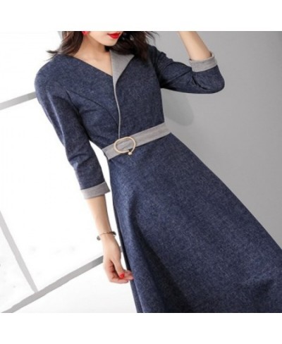 Spring Autmn Women Fashion Denim Dress Women Elegant Three Quarter Sleeve Midi Dresses OL Work Wear A-line Waist Dress $57.21...