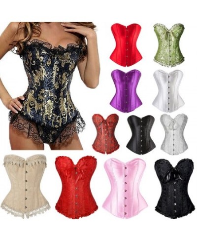 Women's Lace Up Satin Boned Overbust Waist Trainer Corsets And Bustiers Bodyshaper Top Plus Size G-string Push up Shapewear $...