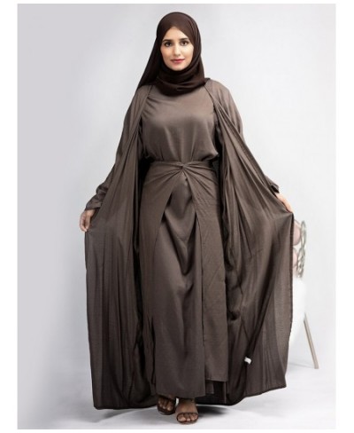 3 Piece Abaya Set Ramadan Eid Muslim Woman Matching Outfits Kimono+Nine Point Sleeve Dress+Wrap Tie Skirt Dubai $74.95 - Musl...