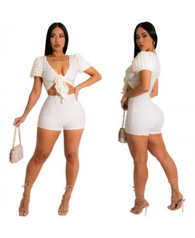 Solid Puffy Popcorn 2 Piece Sets 2023 Summer Women Sexy V Neck Short Sleeve Lace Up Blouse Top Matching Shorts Casual Tracksu...