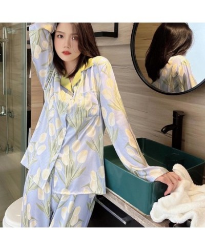 1 Set Cozy Sleepwear Set Silky Feel Thin Women Pajamas Spring Autumn Women Pajamas Set $31.38 - Sleepwears