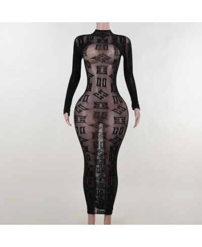 Sexy See Through Bodycon Women Dress Long Sleeve Letter Printed Spring Clothing Night Club Party Knitted Female Dress Vestido...