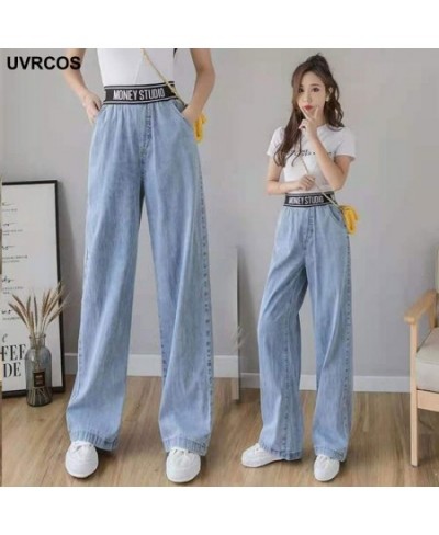 Jeans Street Letters High Waist Pants Korean Blue Fashion High Waist Wide-leg Jeans Drape Elastic Waist Women's Jeans $41.49 ...