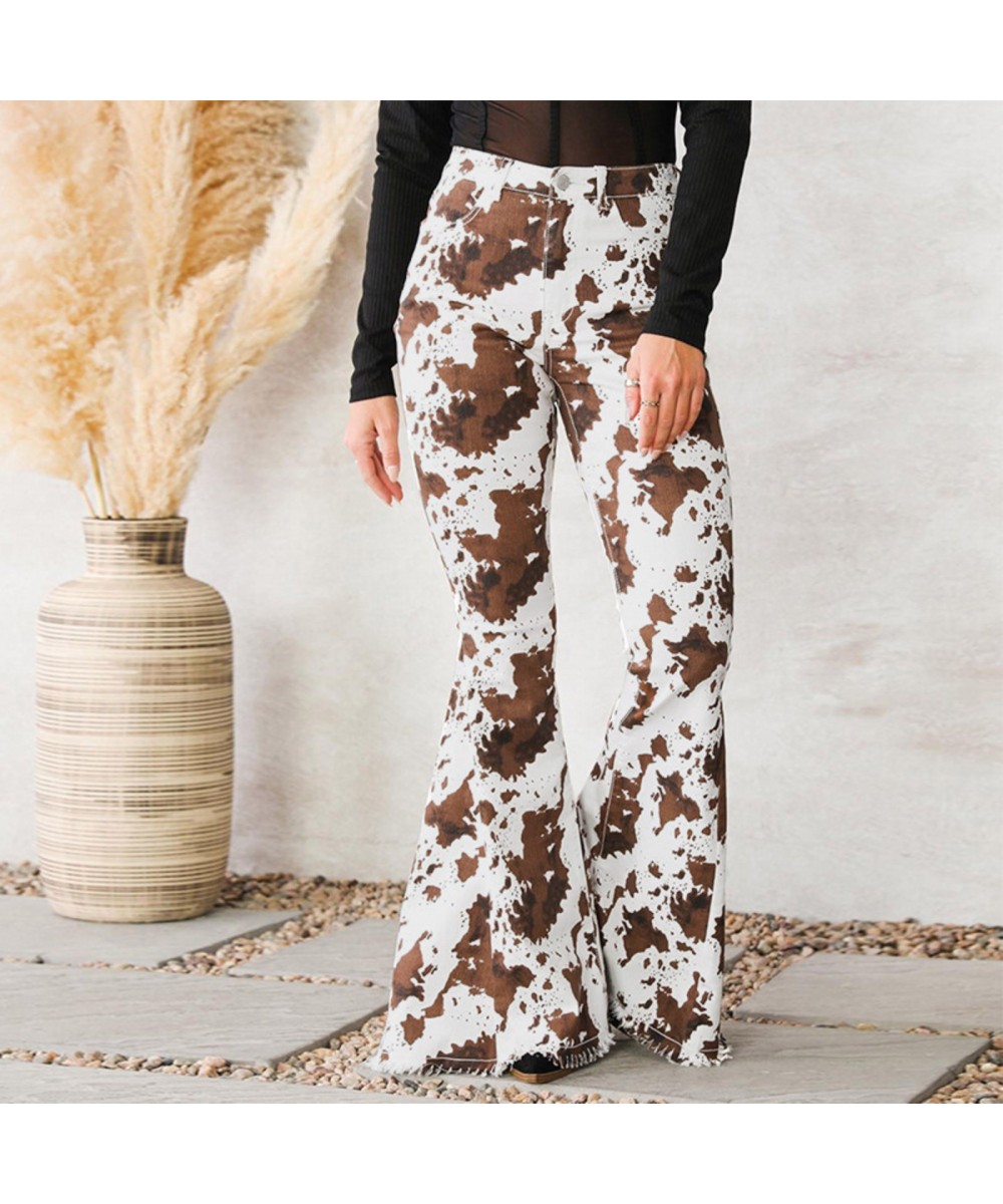 Women's Fashion Casual High Waist Cow Prints Trousers Women's Leg Flared Wide Jeans Button Pocket Women's Jeans $48.46 - Jeans